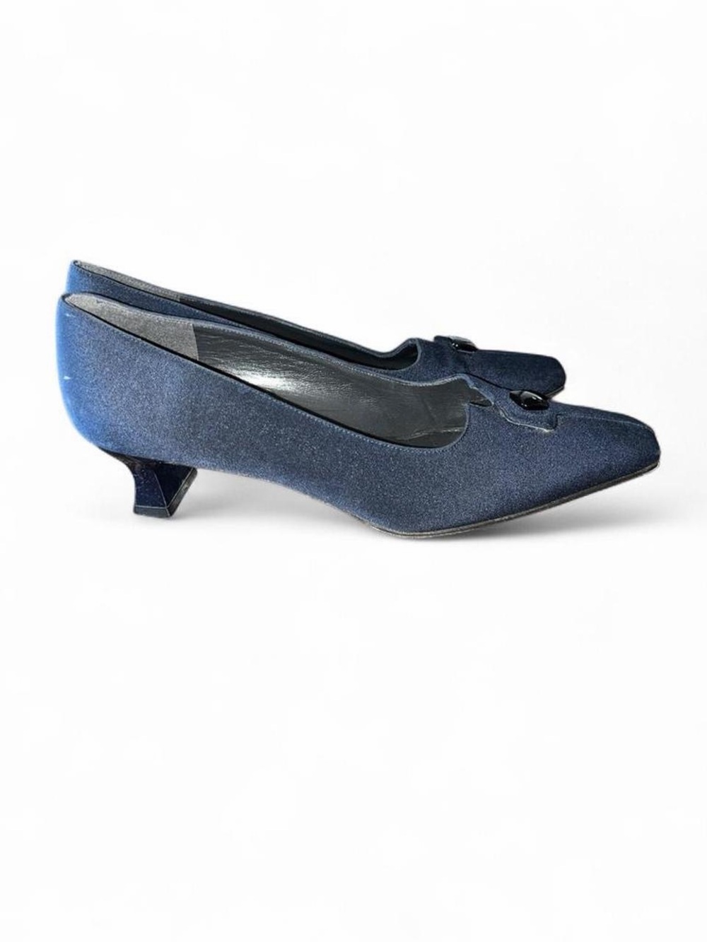 Stuart Weitzman Navy Pointed-Toe Kitten Heel Pumps with Bow